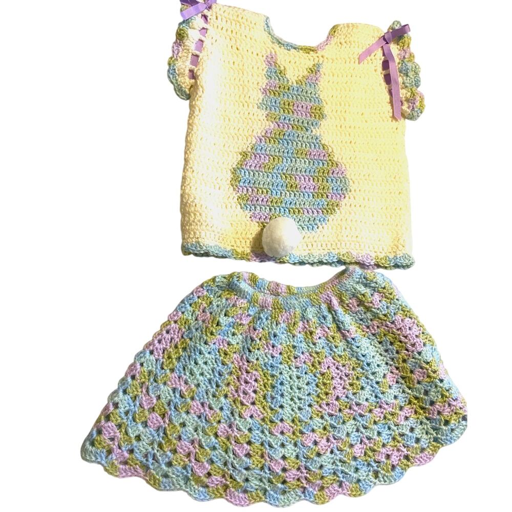 Hand Made Crocheted 2-piece Skirt Set Bunny Spring Easter‎ Girls 24 mo